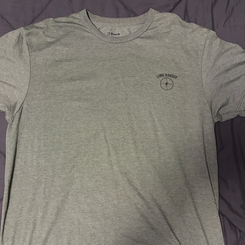 Men's Heather Gray Crew Neck T‑Shirt long range shooting. Front and back design